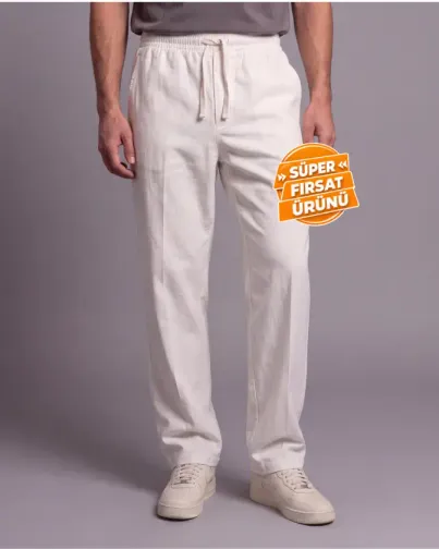 Erkek Rahat Kalıp Keten Pantolon - S - Beyaz
