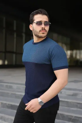 Erkek Renk Bloklu Bisiklet Yaka Kısa Kollu Triko Tişört - L - Lacivert