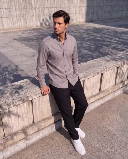 Erkek Standart Kesim Gabardin Kumaş Uzun Kollu Gömlek - 2XL - Krem