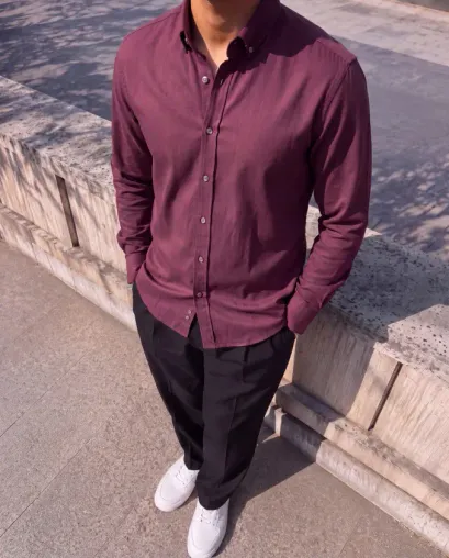 Erkek Standart Kesim Gabardin Kumaş Uzun Kollu Gömlek - L - Bordo