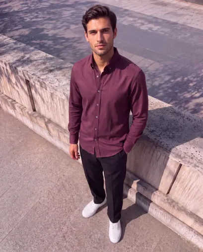 Erkek Standart Kesim Gabardin Kumaş Uzun Kollu Gömlek - L - Bordo