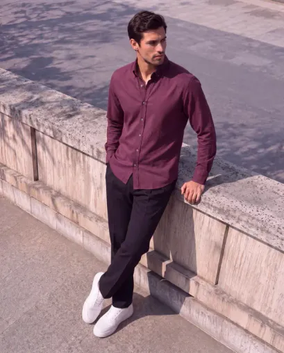 Erkek Standart Kesim Gabardin Kumaş Uzun Kollu Gömlek - L - Bordo