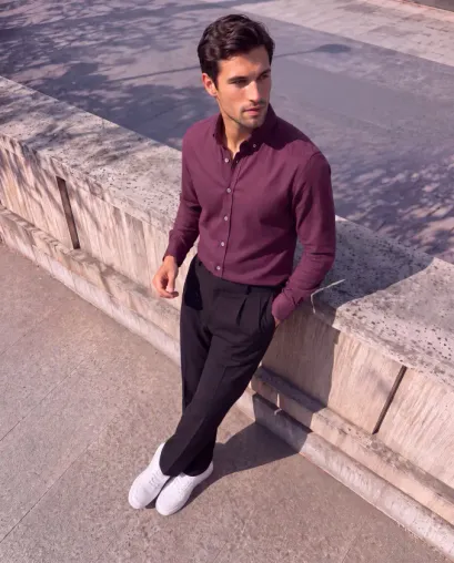 Erkek Standart Kesim Gabardin Kumaş Uzun Kollu Gömlek - M - Bordo