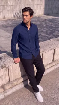 Erkek Standart Kesim Gabardin Kumaş Uzun Kollu Gömlek - M - Lacivert