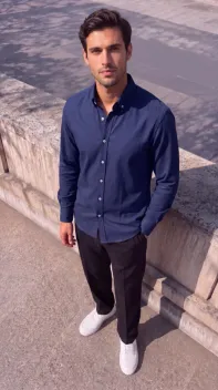 Erkek Standart Kesim Gabardin Kumaş Uzun Kollu Gömlek - M - Lacivert