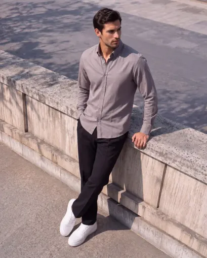 Erkek Standart Kesim Gabardin Kumaş Uzun Kollu Gömlek - XL - Krem