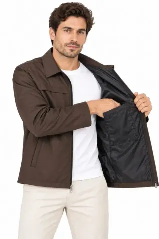 Erkek Su İtici Rüzgar Keser Astarlı Tam Fermuarlı 4 Mevsim Regular Fit Mont Ceket - Kahverengi - S - Kahverengi
