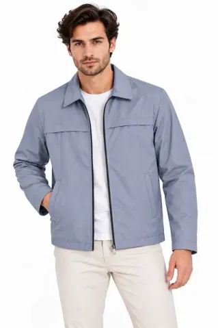 Erkek Su İtici Rüzgar Keser Astarlı Tam Fermuarlı 4 Mevsim Regular Fit Mont Ceket - Mavi - 2XL - Mavi