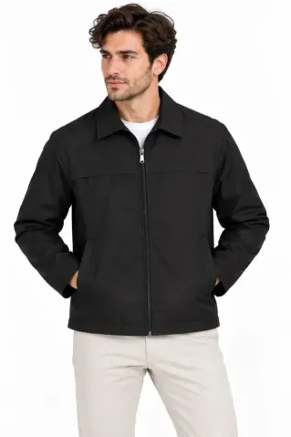 Erkek Su İtici Rüzgar Keser Astarlı Tam Fermuarlı 4 Mevsim Regular Fit Mont Ceket - Siyah - 2XL - Siyah