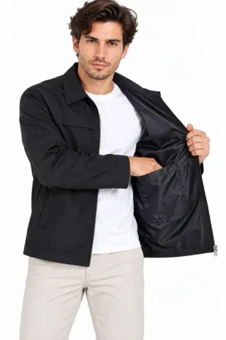 Erkek Su İtici Rüzgar Keser Astarlı Tam Fermuarlı 4 Mevsim Regular Fit Mont Ceket - Siyah - 2XL - Siyah