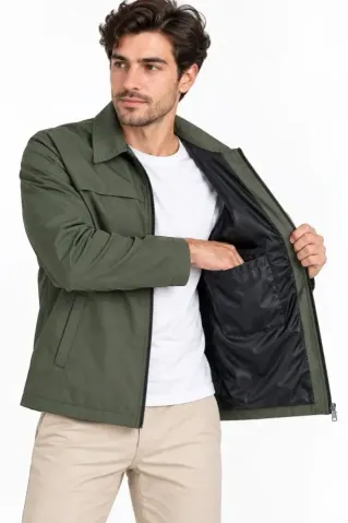 Erkek Su İtici Rüzgar Keser Astarlı Tam Fermuarlı 4 Mevsim Regular Fit Mont Ceket - Haki - 2XL - Haki