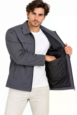 Erkek Su İtici Rüzgar Keser Astarlı Tam Fermuarlı 4 Mevsim Regular Fit Mont Ceket - Füme - 2XL - Füme