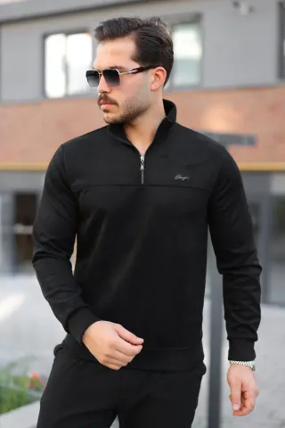 Erkek Süet Yarım Fermuar Dik Yaka Sweat - S - Siyah