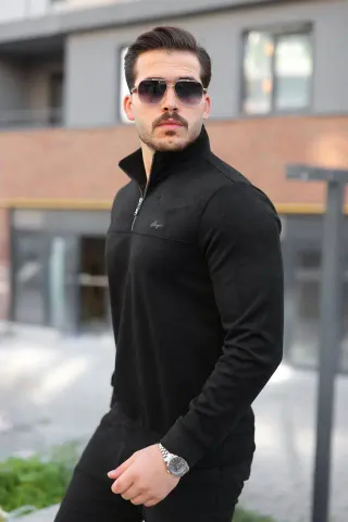 Erkek Süet Yarım Fermuar Dik Yaka Sweat - S - Siyah