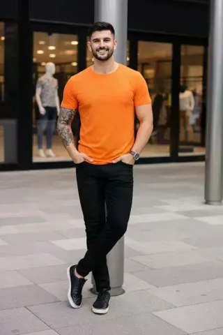 Erkek T-Shirt Bisiklet Yaka Slim Fit Dar Kesim Likralı Tişört Günlük Basic Body - Turuncu - S - Turuncu