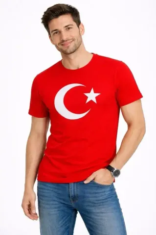 Erkek T-Shirt Kısa Kol Bisiklet Yaka Ay Yıldız Bayrak Baskılı Tişört - Kırmızı - L - Kırmızı