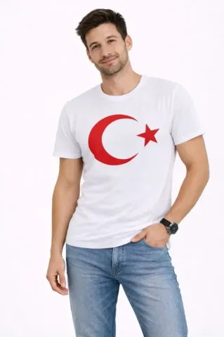Erkek T-Shirt Kısa Kol Bisiklet Yaka Ay Yıldız Bayrak Baskılı Tişört - Beyaz - L - Beyaz