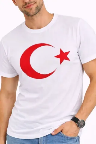 Erkek T-Shirt Kısa Kol Bisiklet Yaka Ay Yıldız Bayrak Baskılı Tişört - Beyaz - L - Beyaz