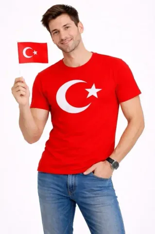 Erkek T-Shirt Kısa Kol Bisiklet Yaka Ay Yıldız Bayrak Baskılı Tişört - Kırmızı - XS - Kırmızı