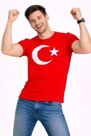 Erkek T-Shirt Kısa Kol Bisiklet Yaka Ay Yıldız Bayrak Baskılı Tişört - Kırmızı - XS - Kırmızı