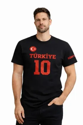 Erkek TÜRKİYE Ay Yıldız Baskılı 10 Numara Forma Tişört Taraftar T-Shirt - Siyah - XL - Siyah