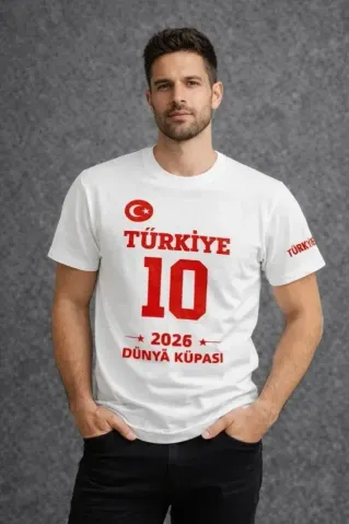 Erkek TÜRKİYE Baskılı Tişört 2026 Dünya Kupası Taraftar Forma T-Shirt - Beyaz - M - Beyaz