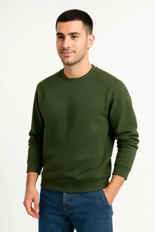 Erkek Üç İplik Düz Bisiklet Yaka SweatShirt - Haki - S - Haki