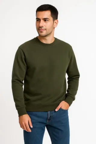 Erkek Üç İplik Düz Bisiklet Yaka SweatShirt - Haki - S - Haki