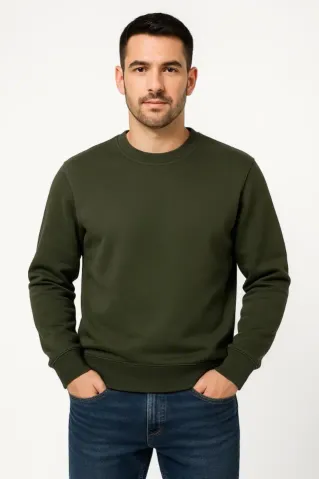 Erkek Üç İplik Düz Bisiklet Yaka SweatShirt - Haki - S - Haki