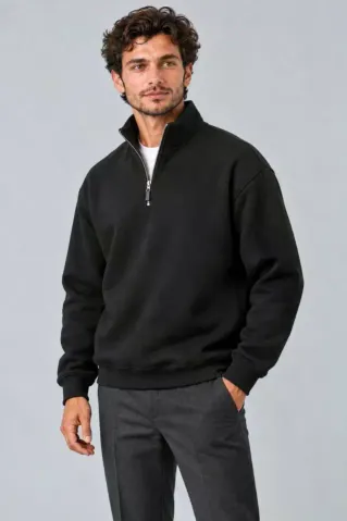 Erkek Üç İplik İçi Şardonlu Dik Yaka Yarım Fermuarlı Kışlık Sweatshirt - Siyah - S - Siyah