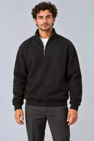Erkek Üç İplik İçi Şardonlu Dik Yaka Yarım Fermuarlı Kışlık Sweatshirt - Siyah - S - Siyah