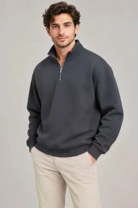Erkek Üç İplik İçi Şardonlu Dik Yaka Yarım Fermuarlı Kışlık Sweatshirt - Füme - S - Füme