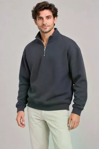 Erkek Üç İplik İçi Şardonlu Dik Yaka Yarım Fermuarlı Kışlık Sweatshirt - Füme - L - Füme