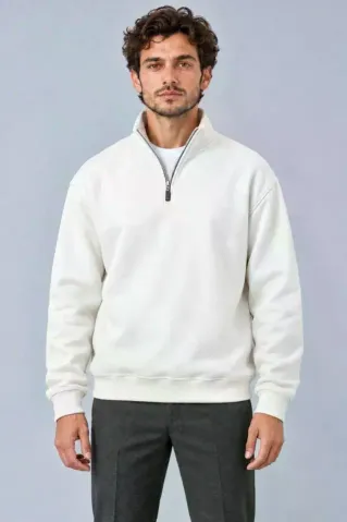 Erkek Üç İplik İçi Şardonlu Dik Yaka Yarım Fermuarlı Kışlık Sweatshirt - Beyaz - 2XL - Beyaz