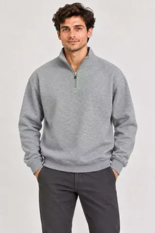 Erkek Üç İplik İçi Şardonlu Dik Yaka Yarım Fermuarlı Kışlık Sweatshirt - Grİ - XL - Gri