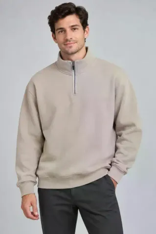 Erkek Üç İplik İçi Şardonlu Dik Yaka Yarım Fermuarlı Kışlık Sweatshirt - Bej - XL - Bej