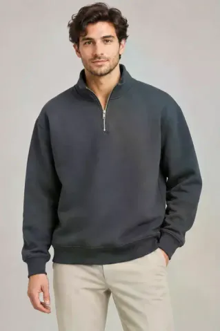 Erkek Üç İplik İçi Şardonlu Dik Yaka Yarım Fermuarlı Kışlık Sweatshirt - Füme - 2XL - Füme