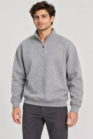 Erkek Üç İplik İçi Şardonlu Dik Yaka Yarım Fermuarlı Kışlık Sweatshirt - Grİ - 2XL - Gri