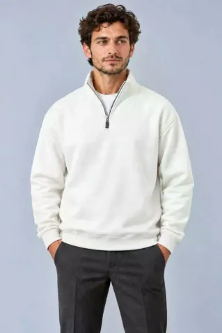 Erkek Üç İplik İçi Şardonlu Dik Yaka Yarım Fermuarlı Kışlık Sweatshirt - Beyaz - XL - Beyaz