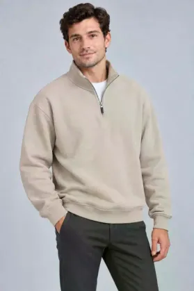 Erkek Üç İplik İçi Şardonlu Dik Yaka Yarım Fermuarlı Kışlık Sweatshirt - Bej - 2XL - Bej