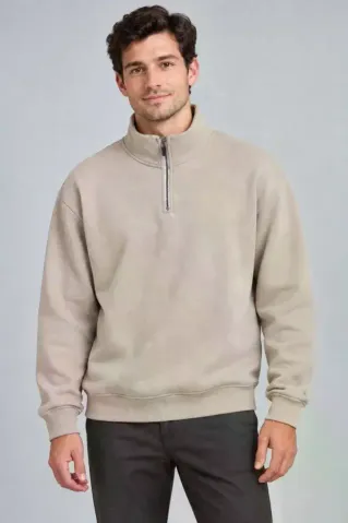Erkek Üç İplik İçi Şardonlu Dik Yaka Yarım Fermuarlı Kışlık Sweatshirt - Bej - 2XL - Bej