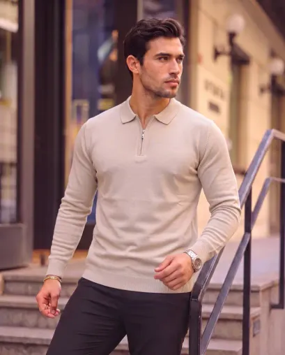 Erkek Uzun Kollu Fermuarlı Triko - 2XL - Açık Krem