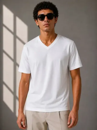 Erkek V Yaka Basic Tişört Kısa Kol Yazlık Regular Fit T-Shirt - Beyaz - 2XL - Beyaz