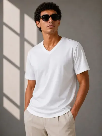 Erkek V Yaka Basic Tişört Kısa Kol Yazlık Regular Fit T-Shirt - Beyaz - XL - Beyaz