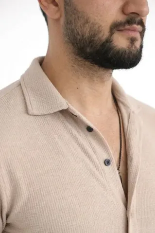 Erkek Waffle Kumaş Uzun Kollu Düğmeli Açık Yaka Regular Fit Gömlek - Bej - XS - Bej