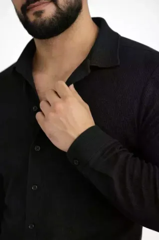 Erkek Waffle Kumaş Uzun Kollu Düğmeli Açık Yaka Regular Fit Gömlek - Siyah - L - Siyah