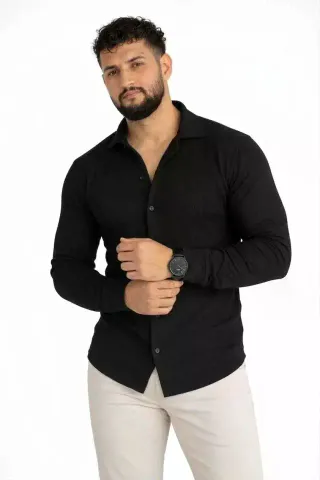 Erkek Waffle Kumaş Uzun Kollu Düğmeli Açık Yaka Regular Fit Gömlek - Siyah - L - Siyah