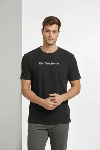 Erkek Wafıl Kumaş Tişört Regular Kalıp Bisiklet Yaka Baskılı Günlük Basic T-Shirt - Siyah - L - Siyah