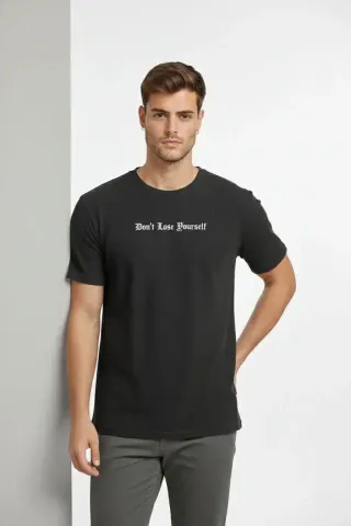 Erkek Wafıl Kumaş Tişört Regular Kalıp Bisiklet Yaka Baskılı Günlük Basic T-Shirt - Siyah - L - Siyah
