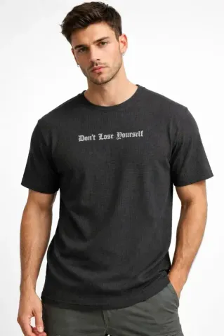 Erkek Wafıl Kumaş Tişört Regular Kalıp Bisiklet Yaka Baskılı Günlük Basic T-Shirt - Siyah - 2XL - Siyah